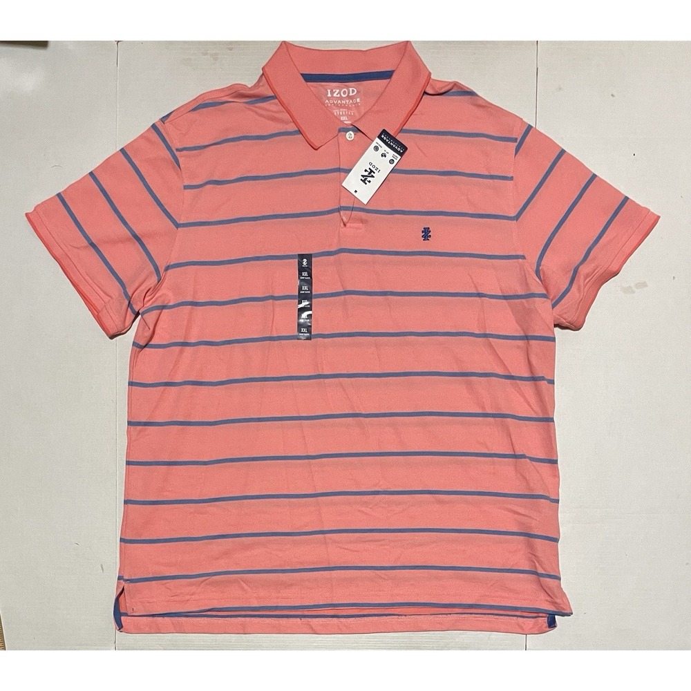 Izod Advantage Performance Shirt Golf Polo Mens 2XL Pink Blue Stripes Rugby NEW